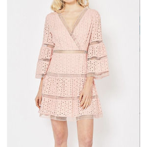 Entro Pink Blush Eyelet Lace Wide-Sleeve Surplice Dress NWT Size Small